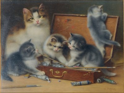 Kattemor og hendes killinger leger i en malerboks (olie på panel) af Wilhelm Schwar