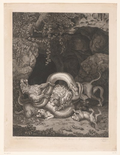 Løve og løvinde beskytter unger mod en slange af Wilhelm Tischbein
