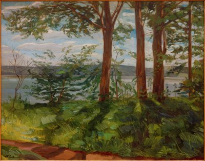Landskab ved Starnbergsøen med tre træer af Wilhelm Trübner
