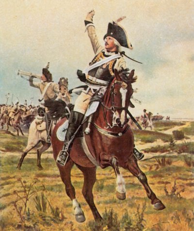 General Seydlitz giver signal til angreb ved Rossbach, 5. november 1757 (forstærket farvelitografi) af Wilhelm Werner Schuch