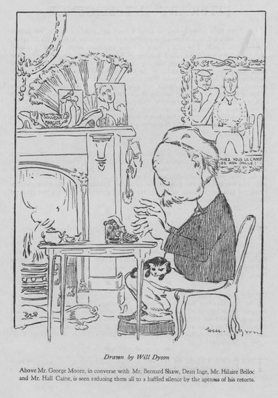George Moore, irsk forfatter, arbejder ved sin skrivemaskine (litho) af Will Dyson