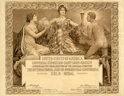 Louisiana Purchase Exposition blankt guldmedaljecertifikat, 1904 af Will H. Low