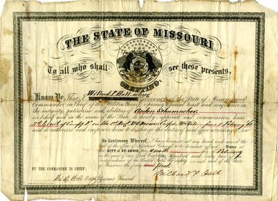 Militær kommission af Anton Schumacher som 2. løjtnant af kompagni F i 1. regiment U.S.R.C., Missouri Volunteers, 6. februar 1862 af Willard P. Hall