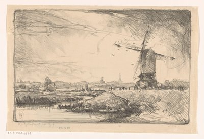 Landskab med vindmølle nær Leiden af Willem Adrianus Grondhout (signed by artist)