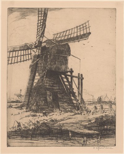 Vindmølle på vandet nær Leiden af Willem Adrianus Grondhout (signed by artist)