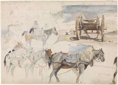 Studieark med skalvogn på stranden og diverse undersøgelser af heste af Willem Anthonie van Deventer