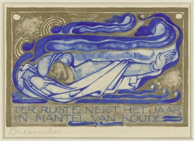 I hvile plejer året i kulde, december (titel på objekt) Designkalenderark for den hollandske kunstforening Kalender 1930 (serietitel) af Willem Arondéus