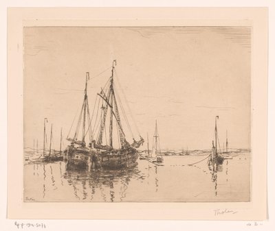 Havn med fortøjet to-mastet Haven, Norderney (original titel) af Willem Bastiaan Tholen (signed by artist)