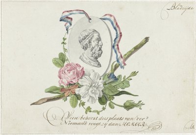 Vignette med blomster, portrætmedaljon og bånd af Willem Bilderdijk