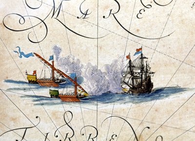 Kamp mellem to kabysser og en karak. Atlas af Willem Janszoon Blaeu (1571 - 1638) af Willem Blaeu
