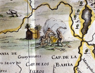 Brasilien. Kannibaler, der repræsenterer en mand med en økse. Detalje af et kort over Atlas of W. Blaeu af Willem Blaeu