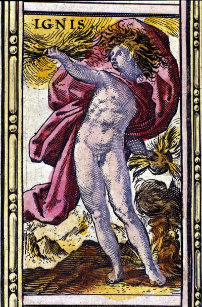 Ild, et af de fire elementer repræsenteret i W. Blaeus Atlas trykt i Amsterdam i 1655. af Willem Blaeu