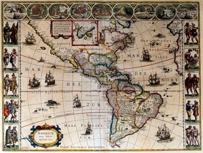 Geografisk kort over Amerika. I "" Le theater du monde ou le nouvel atlas Amsterdam"" produceret af Willem Janszoon Blaeu (1571-1638) af Willem Blaeu