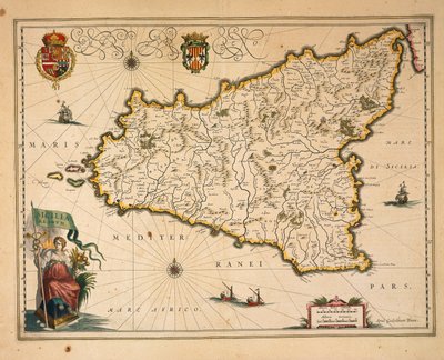 Kort over Sicilien, af Willem Blaeu, fra Regionum Italiae, gravering af Willem Blaeu