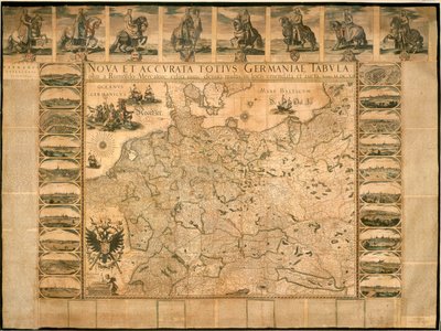 Ny og nøjagtig illustration af Tyskland i dets helhed af Willem Janszoon Blaeu, kobberstik, trykt i Amsterdam af Willem Blaeu