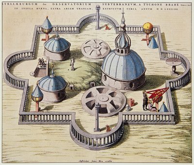 Stelleburgum sive Observatorium Subterraeum, underjordisk astronomisk observatorium ved Stjerneborg (Stjerneborg), designet af Tycho Brahe (1546-1601) på øen Hven, Danmark, tegning af Willem Blaeu, ca 1595. af Willem Blaeu