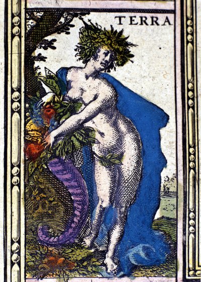 Jorden, et af de fire elementer repræsenteret i Atlas of W. Blaeu trykt i Amsterdam i 1655. af Willem Blaeu