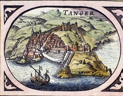 Udsigt over den befæstede by Tanger og kysten, Marokko. Kort fra det hollandske atlas af W. G. Blaeu, Amsterdam af Willem Blaeu