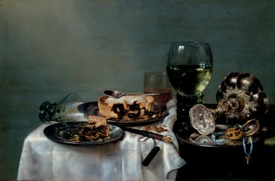 ""Stilleben af ​​morgenmadsbord med brombærtærte"" (morgenmadsbord med brombærtærte) Maleri af Willem Claesz Heda (1594-1680) 1631 Dim 54x82 cm Olie på lærred Dresden State Art Collections Dresden af Willem Claesz. Heda