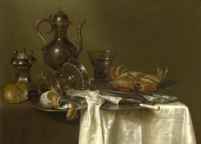 Stilleben: Tin, sølvkar og en krabbe, ca 1636 af Willem Claesz. Heda