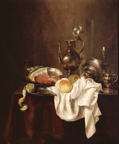 Stilleben af skinke og sølvplade af Willem Claesz. Heda
