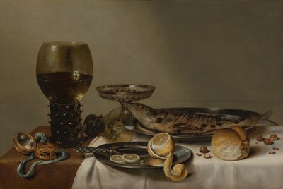 Stilleben med en romer og et ur af Willem Claesz. Heda