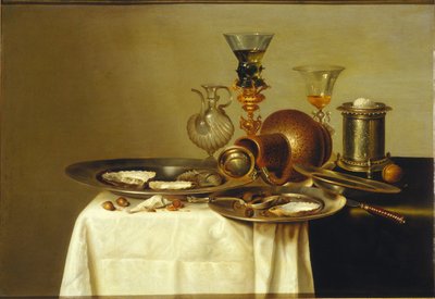 Stilleben med rømmer på forgyldt stativ, stentøj og østers, 1637. af Willem Claesz. Heda