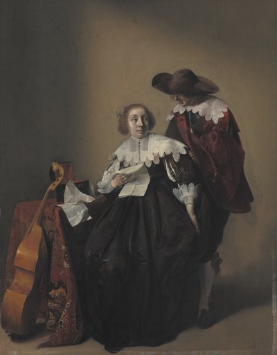 En siddende kvinde med et brev, en herre, der står ved hende af Willem Cornelisz Duyster