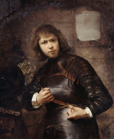 En soldat, der står i trekvart længde og spænder sit bælt, af Willem Drost