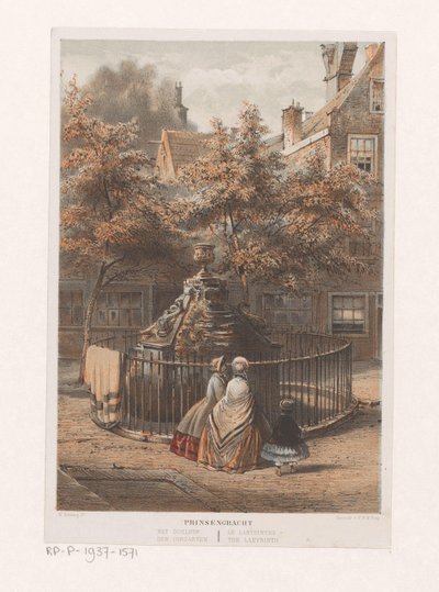 Springvand ved labyrinten i Amsterdam Prinsengracht labyrinten / der Irrgarten / le labyrinthe / labyrinten (titel på objektet) af Willem Hekking jr.