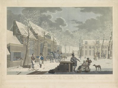 Nationalgardens hovedgarde i Muiderberg, 1813-1814 Hoofdwagt der Nationale Garden i Muijderberch foran Blocade der Vesting Naarden, fra november 1813 til Mey 1814 (titel på objektet) af Willem Hendrik Hoogkamer (attributed to)