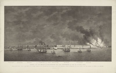 Udsigt over Brandet og Skydningen af ​​Byen Antwerpen den 27. oktober 1830 under kommando af Z. Exc.e Luit.t Gener.l Baron D.H. chassis; med stillingen som Z.M.-eskadrille under kommando af havkaptajnen, Jonkh.r J.E. Lewe van Aduard (titel på obj af Willem Hendrik Hoogkamer