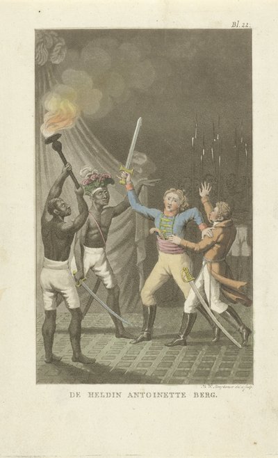 To figurer med sværd med to sorte mænd Heltinden Antoinette Berg (titel på objekt) af Willem Hendrik Hoogkamer