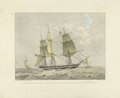 Sejlskib, slup og lodsbåd på vandet Amerikansk krigskorvet mod den hollandske kyst, der lægger lodsbåden og venter (titel på objekt) af Willem Hendrik Hoogkamer
