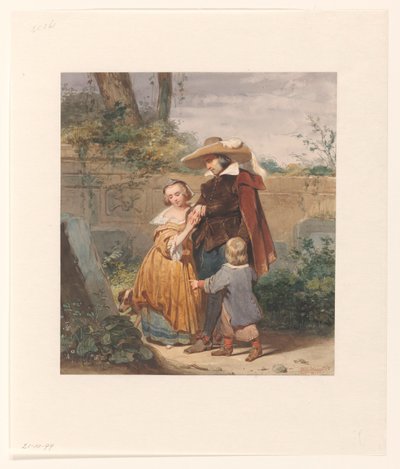 En far med to børn ved moderens grav af Willem Hendrik Schmidt