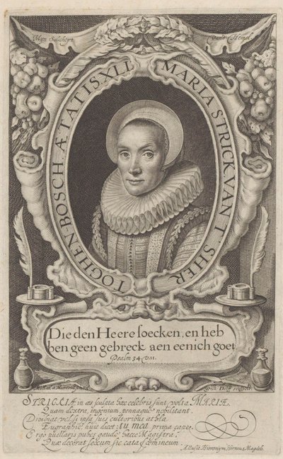 Portræt af Maria Strick i en alder af 41 Skat mange eksempler og præsentation af forskellige skrifter (...) (serietitel) af Willem Jacobsz Delff