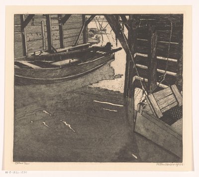 Interiør af pramhus med fiskekort og pram med indbygget fiskekort af Willem Jansen (graveur) (signed by artist)
