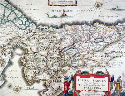 Kort over det hellige land, udgivet i Amsterdam, 1629 (farvegravering) af Willem Janszoon Blaeu
