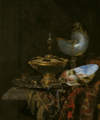 Storslået stilleben med Holbeinskål, Nautilus og glaskop og frugtskål af Willem Kalf