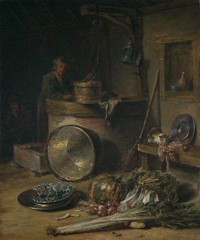 Bondeinteriør med kvinde ved en brønd, ca. 1642-43 (olie på panel) af Willem Kalf