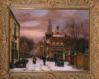 En vinterscene: en hollandsk gade med talrige figurer af Willem Koekkoek