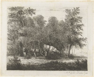 Landskab med en mand med en fuldt læsset vogn og en spændt hest af Willem Matthias Jan van Dielen
