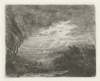 Landskab med to figurer i storm og regn af Willem Matthias Jan van Dielen