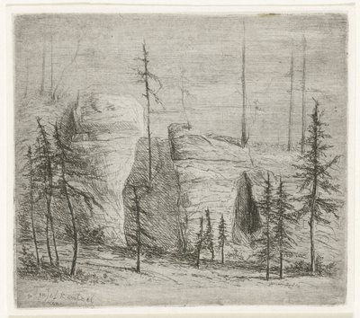 Klippelandskab med nåletræer, den såkaldte Teufelkanzel Teufelkantzel Baxen (titel på objekt) af Willem Matthias Jan van Dielen