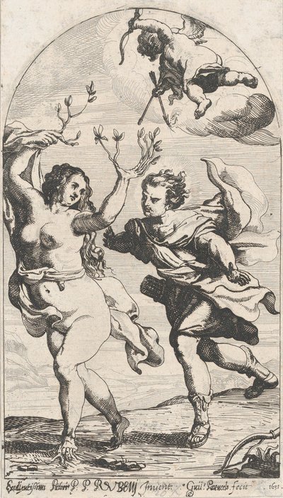 Daphne flygter fra Apollo, med Amor over hovedet, 1631. af Willem Panneels