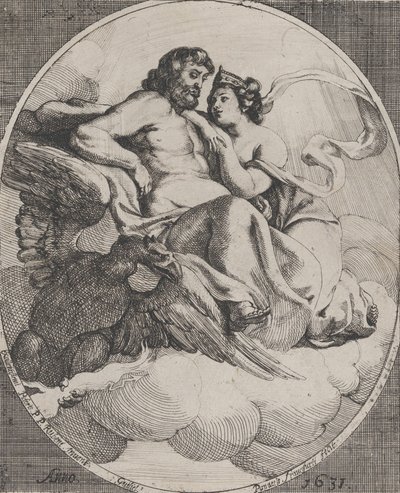 Jupiter og Juno sad på skyer med en ørn, der holder tordenskyder under til venstre, 1631. af Willem Panneels