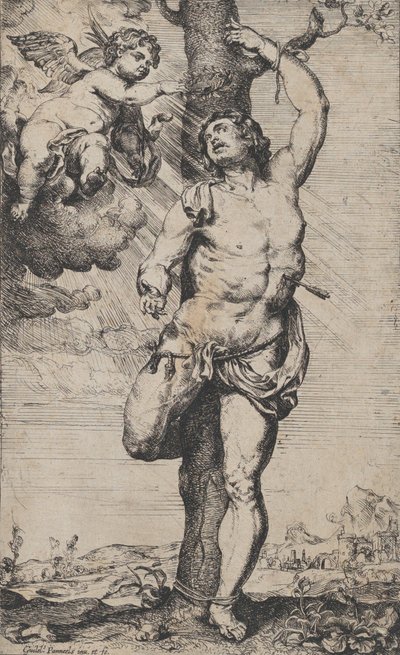Sankt Sebastians martyrium, med engle, der kroner ham øverst til venstre, ca. 1620-32.. af Willem Panneels