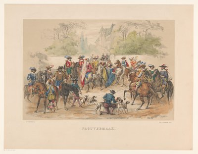 Syvende gruppe af maskerade i Utrecht i 1856 Jagtunderholdning (titel på objekt) Vort fædreland omkring midten af ​​1600-tallet, foreslået af H.H. studerende, medlemmer af Mutua Fides, til fejring af 220-året for Utrechtsche Hoogeschool, den 25. af Willem Pieter Hoevenaar