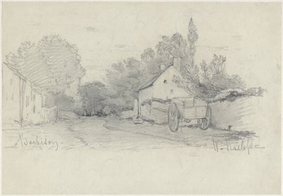 Udsigt over en gade med en vogn i Barbizon af Willem Roelofs (I)