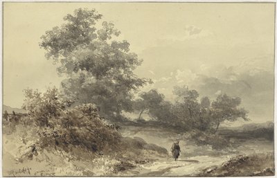 Landskab med buske og en figur på en landevej af Willem Roelofs (I)